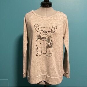 Faded Glory Heather Gray Crewneck Sweater French Bulldog Sequins